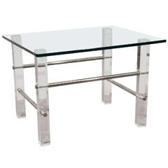 Midcentury Lucite and Chrome End or Side Table with Glass Top