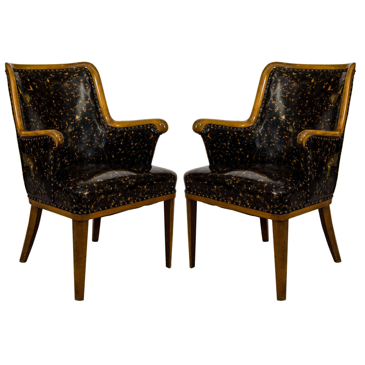  Great Hollywood Regency Pair of Armchairs in a Patent Tortoise Shell Upholstery For Sale