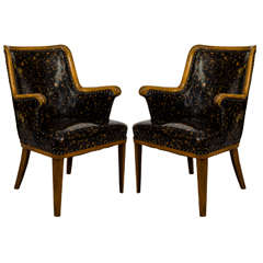  Great Hollywood Regency Pair of Armchairs in a Patent Tortoise Shell Upholstery