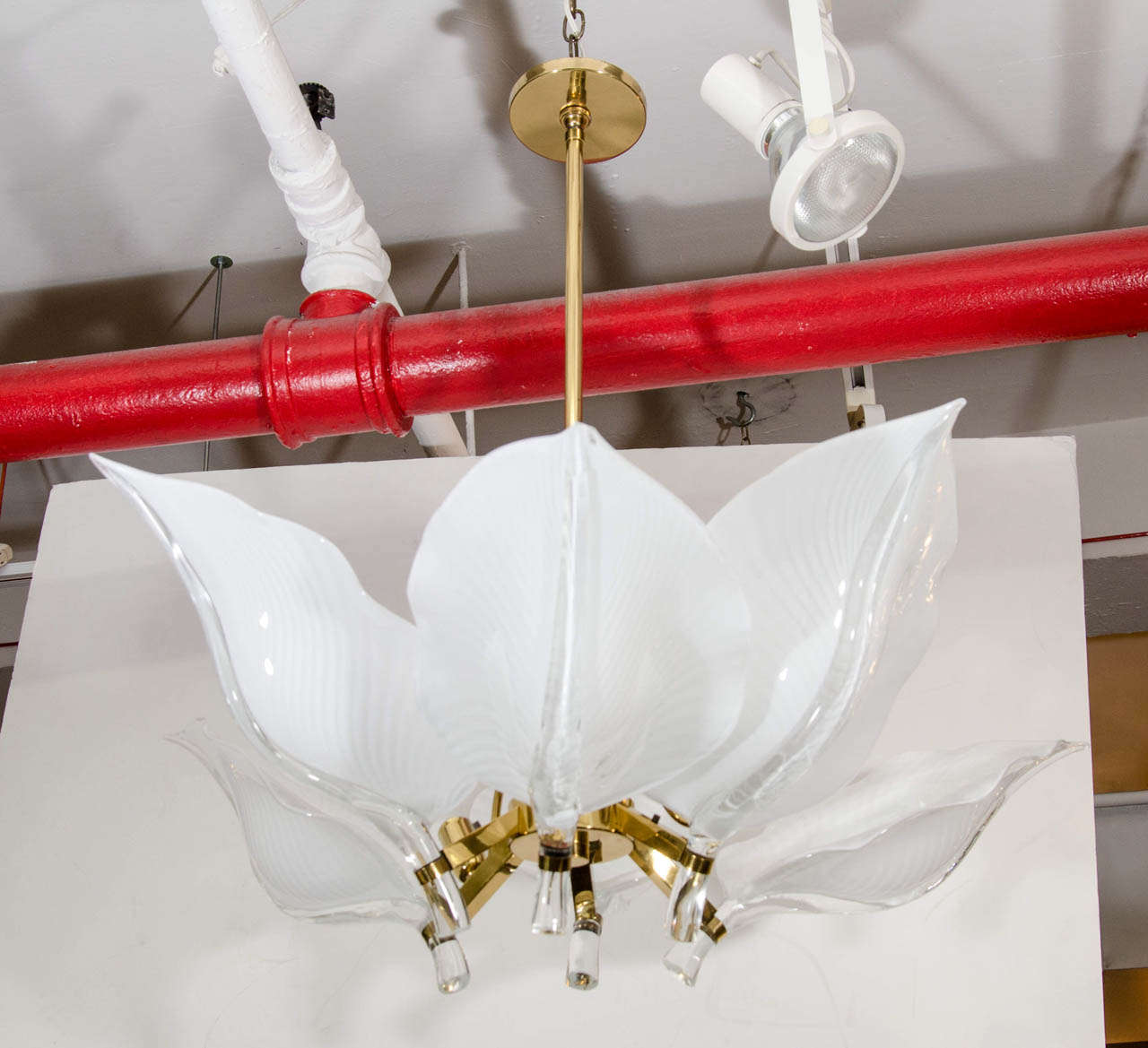 Un lustre vintage en forme de feuille de lys en verre de Murano et laiton par Franco Luce. 

Ce lustre est en état vintage avec de petites éraflures à la surface.