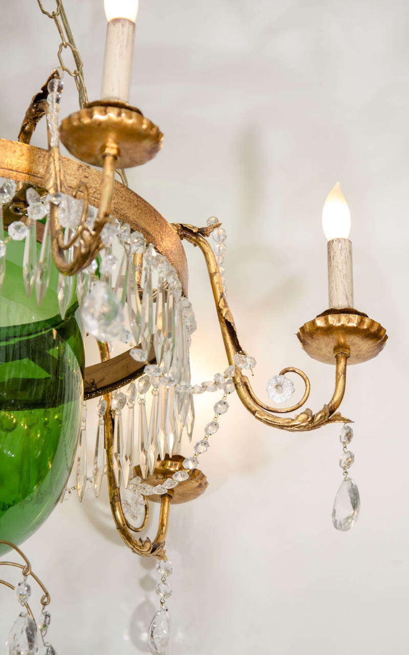 Mid-Century Modern A Vintage Green Glass  Bell Jar Chandelier W/Hanging Crystals