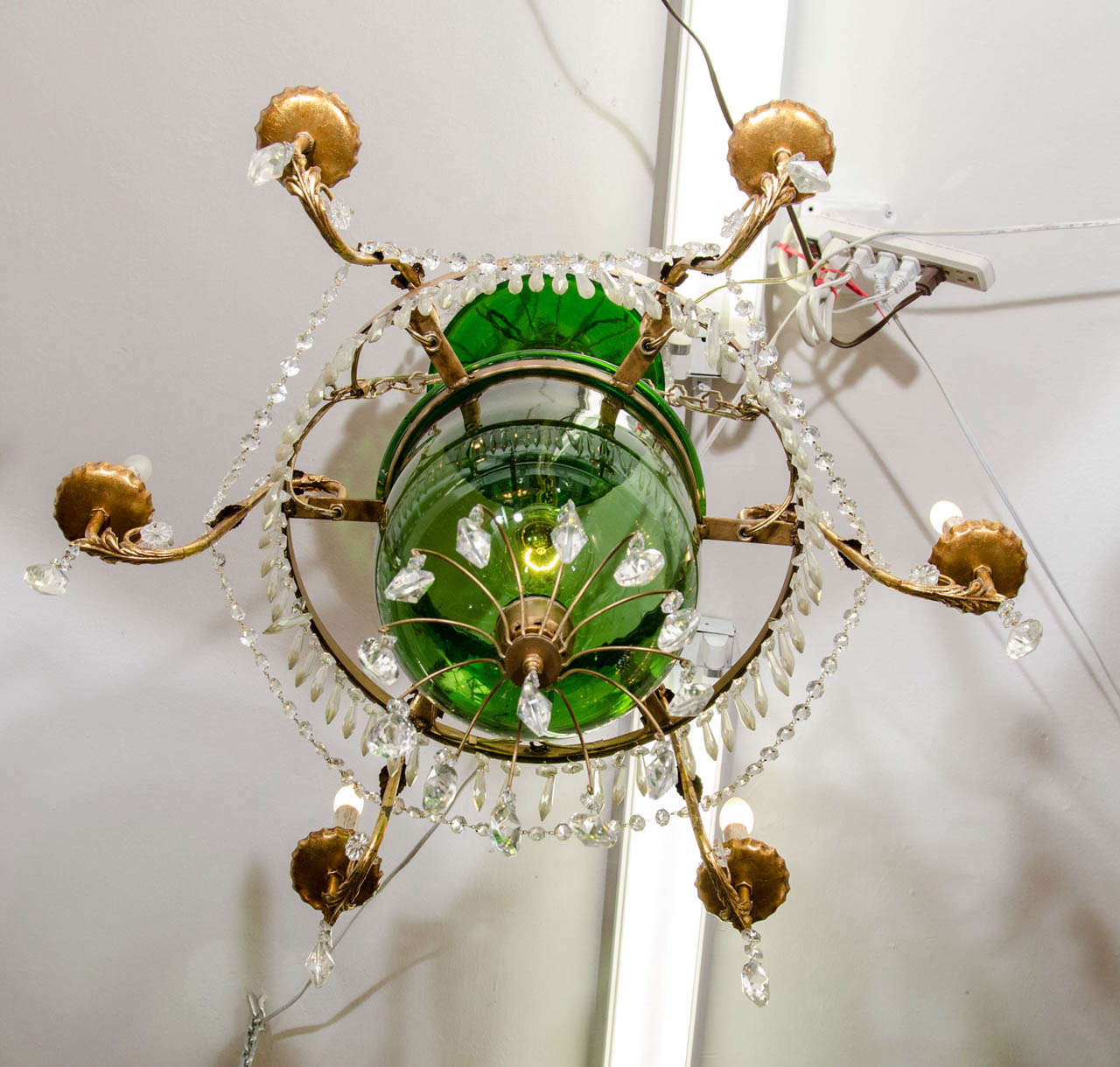 Belgian A Vintage Green Glass  Bell Jar Chandelier W/Hanging Crystals