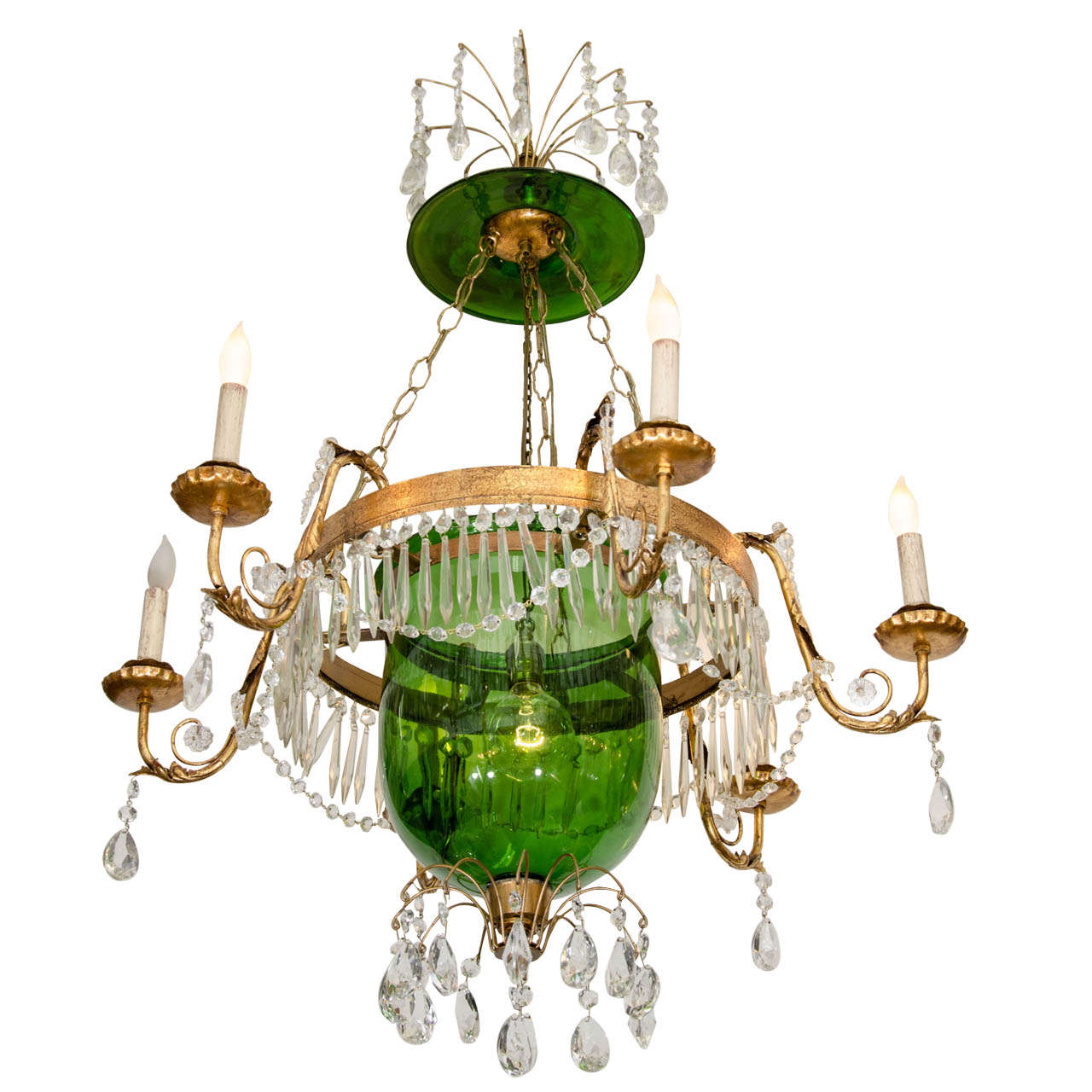 A Vintage Green Glass  Bell Jar Chandelier W/Hanging Crystals