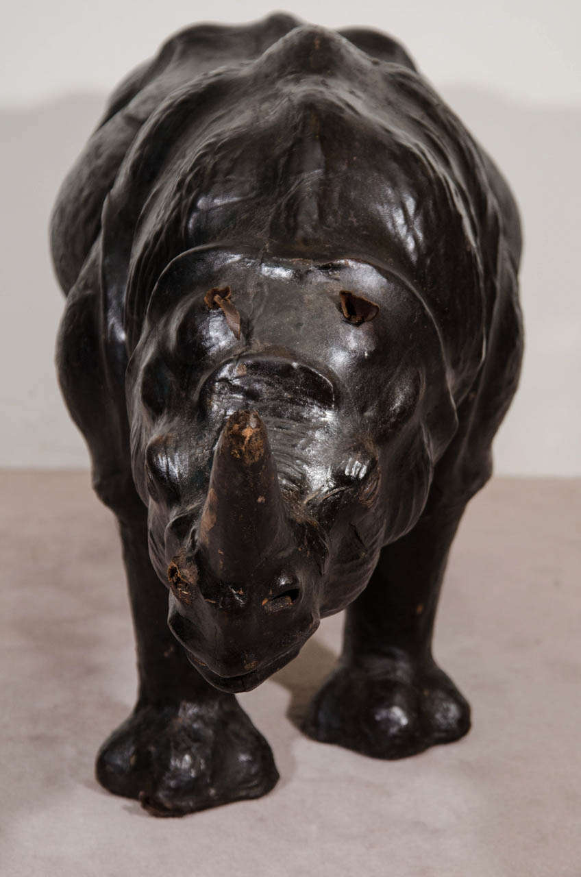 American Vintage Black Leather Rhino Sculptural Foot Stool