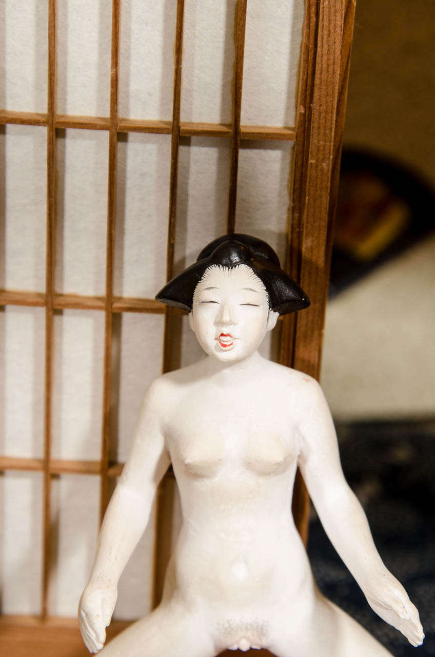 Wood A Japanese Erotic or Shunga Ningyo Light Box from the Meiji Period