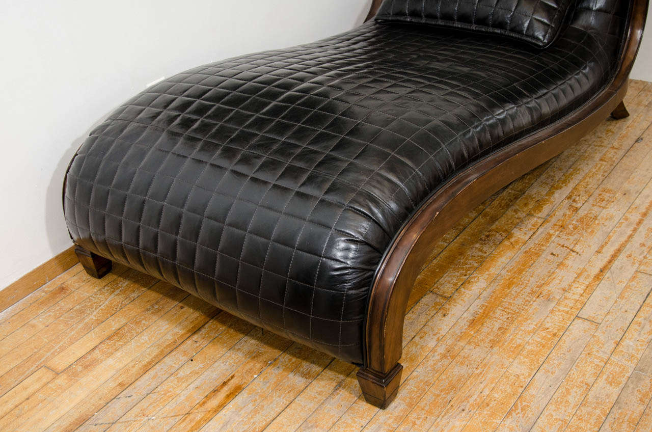 French A Vintage Curvaceous Black Leather Wide Chaise Longue