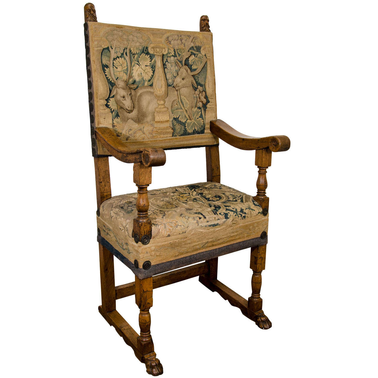 A 19th Century Carved Wooden Armchair with Tapestry Upholstery