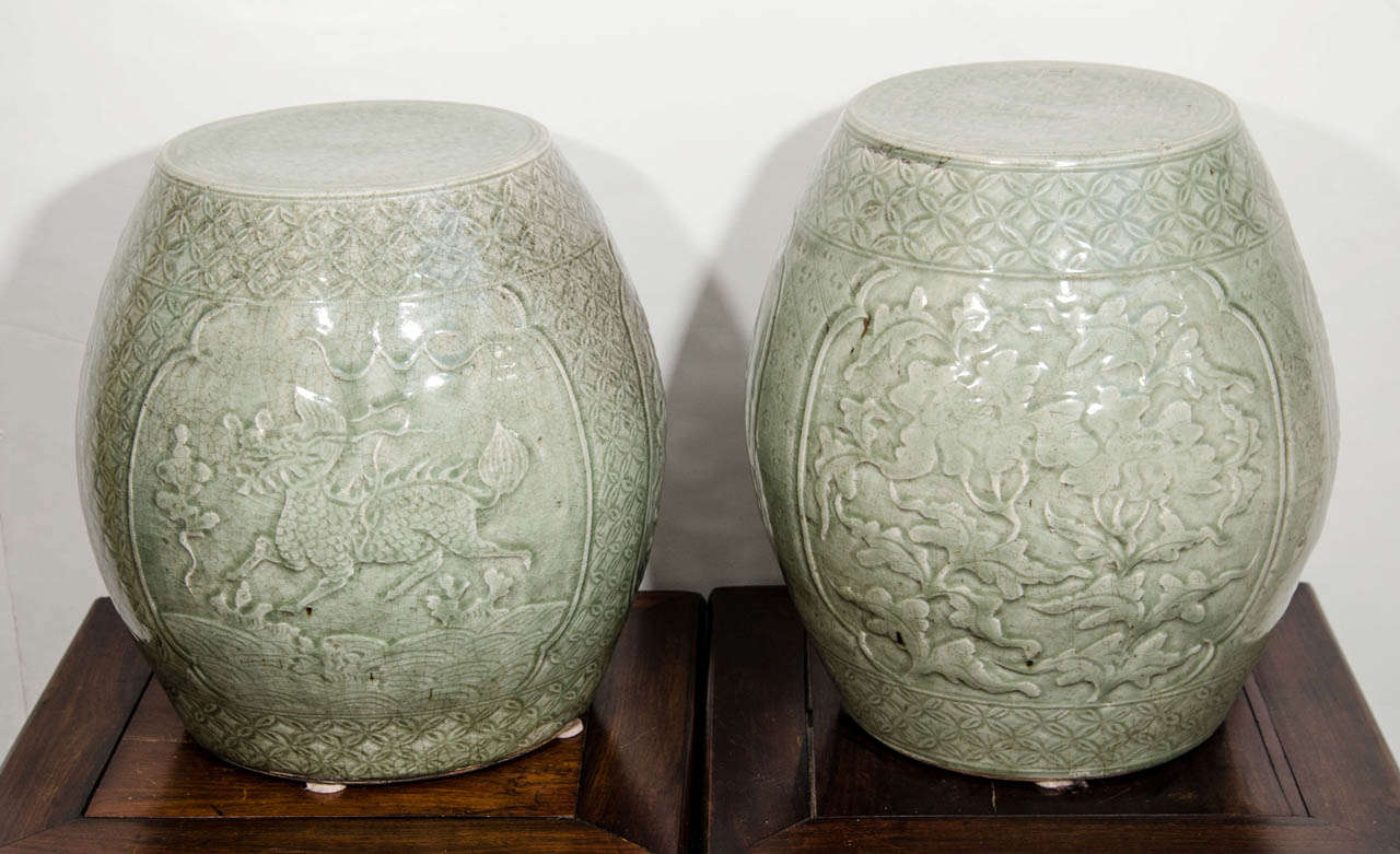 A Pair of Late Ming Dynasty Chinese Celadon Garden Seats