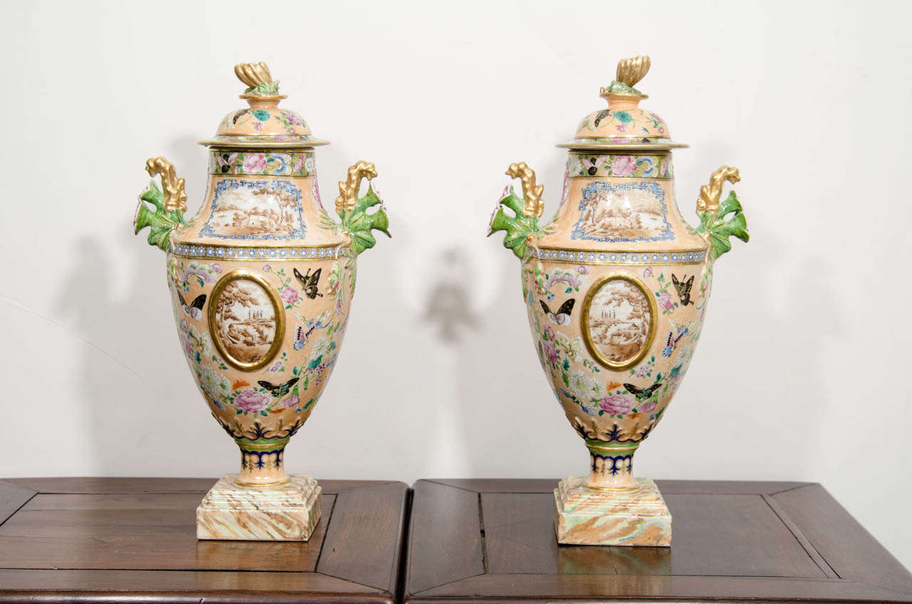 A Pair of Jiaqing Period Chinese Export Neoclassical Porcelain Urns