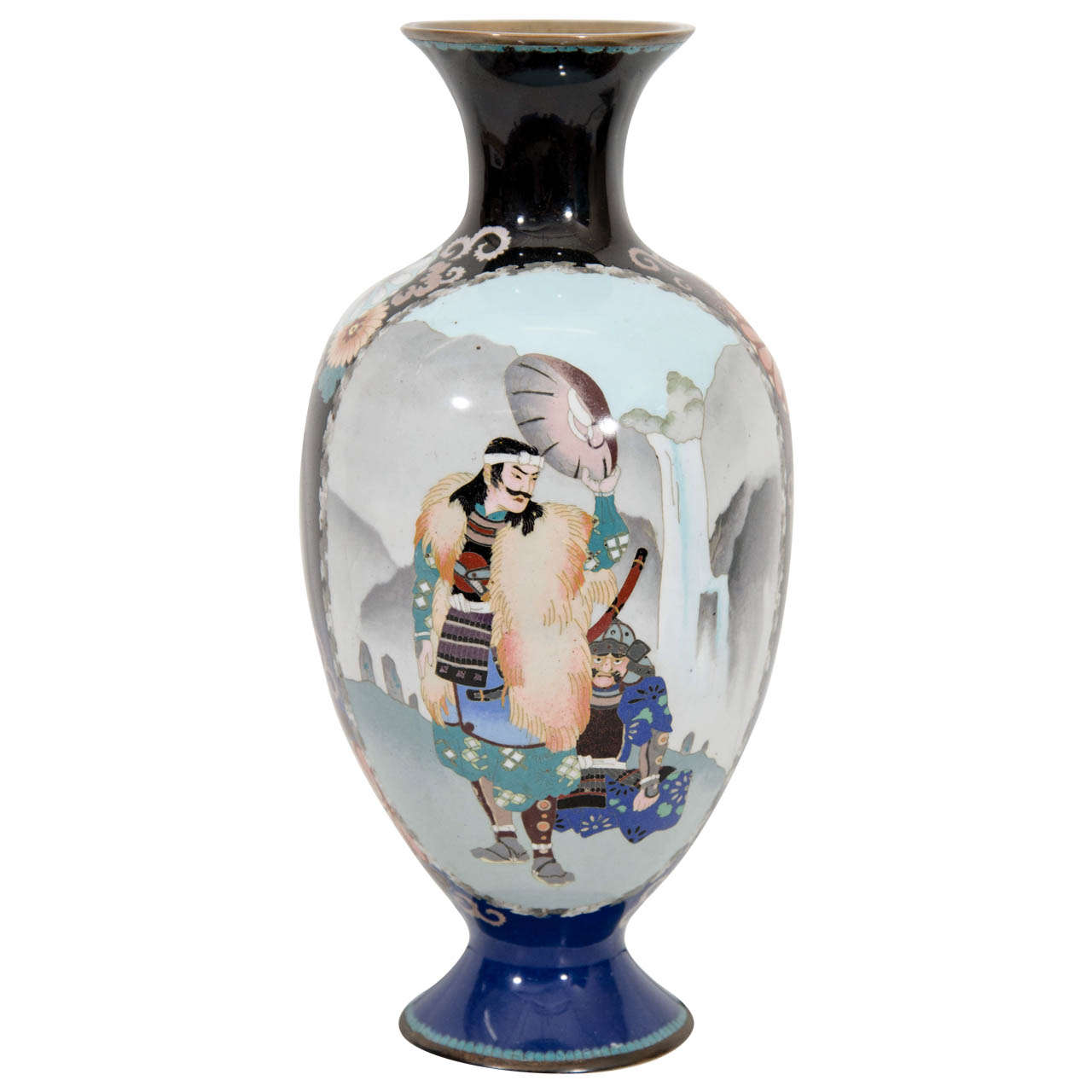 A Japanese Blue Cloisenne Meiji Period Vase with Samurai Figures