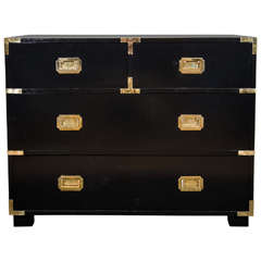 A Mid Century Black Lacquered Campaign Chest with Brass Hardware