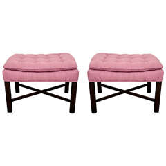 A Mid Century Pair of X-Form Wooden Benches with Rose Fabric