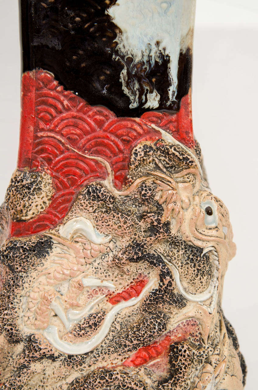 A Vintage Ceramic Japanese Vase with Raised Dragon In Good Condition In New York, NY