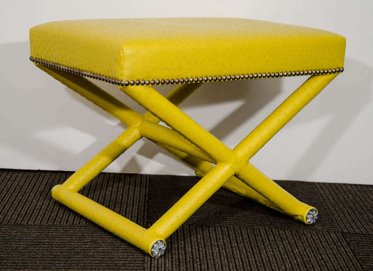 A Mid Century Pair of Yellow Faux Ostrich X-Base Stools