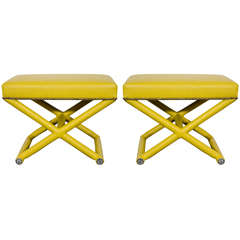 A Mid Century Pair of Yellow Faux Ostrich X-Base Stools