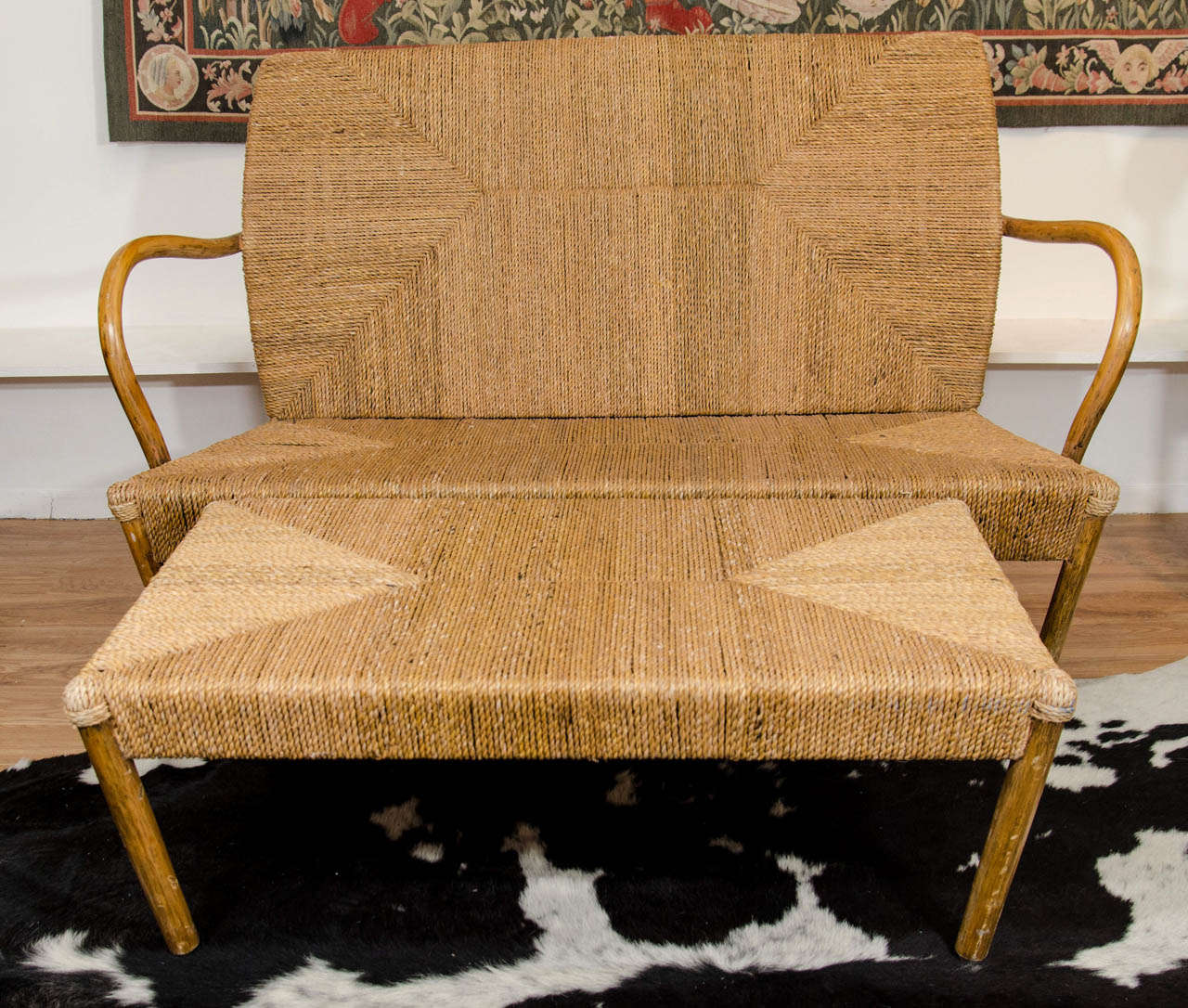 A Mid Century Rope or Cord Scandinavian Love Seat with Ottoman