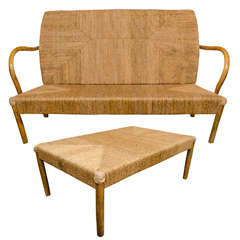 A Mid Century Rope or Cord Scandinavian Love Seat with Ottoman