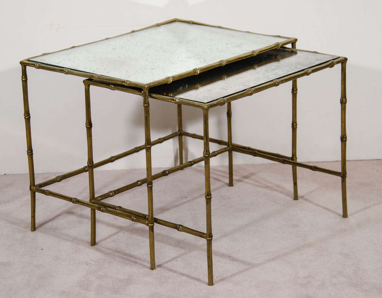 Pair Brass Glass Nesting, Side or End Tables after Designer Maison