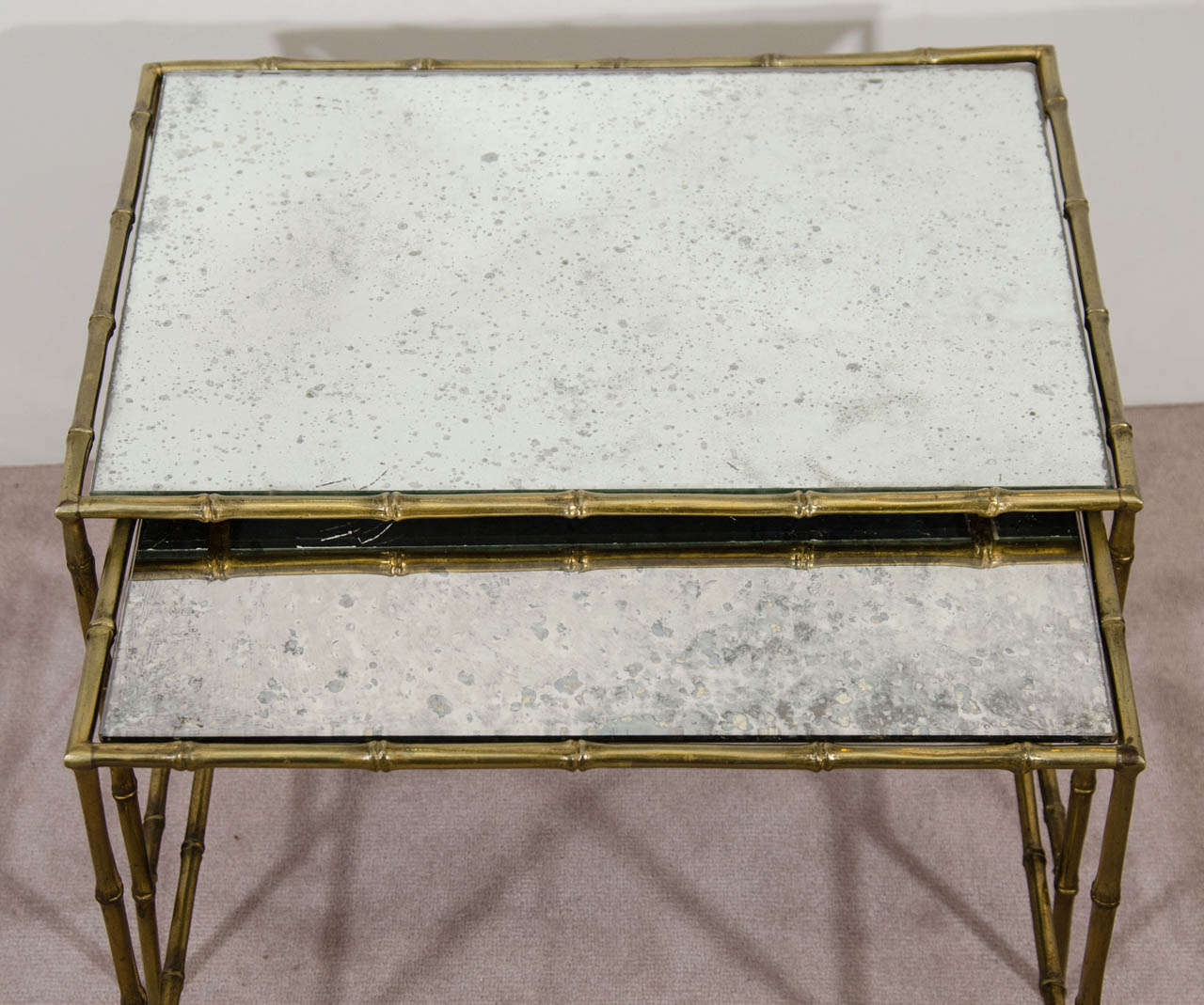 Pair Brass Glass Nesting, Side or End Tables after Designer Maison