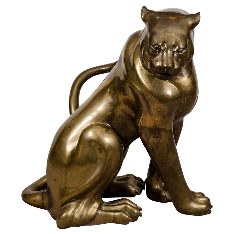 A Mid Century Brass Sculpture of a Panther For Sale at 1stDibs