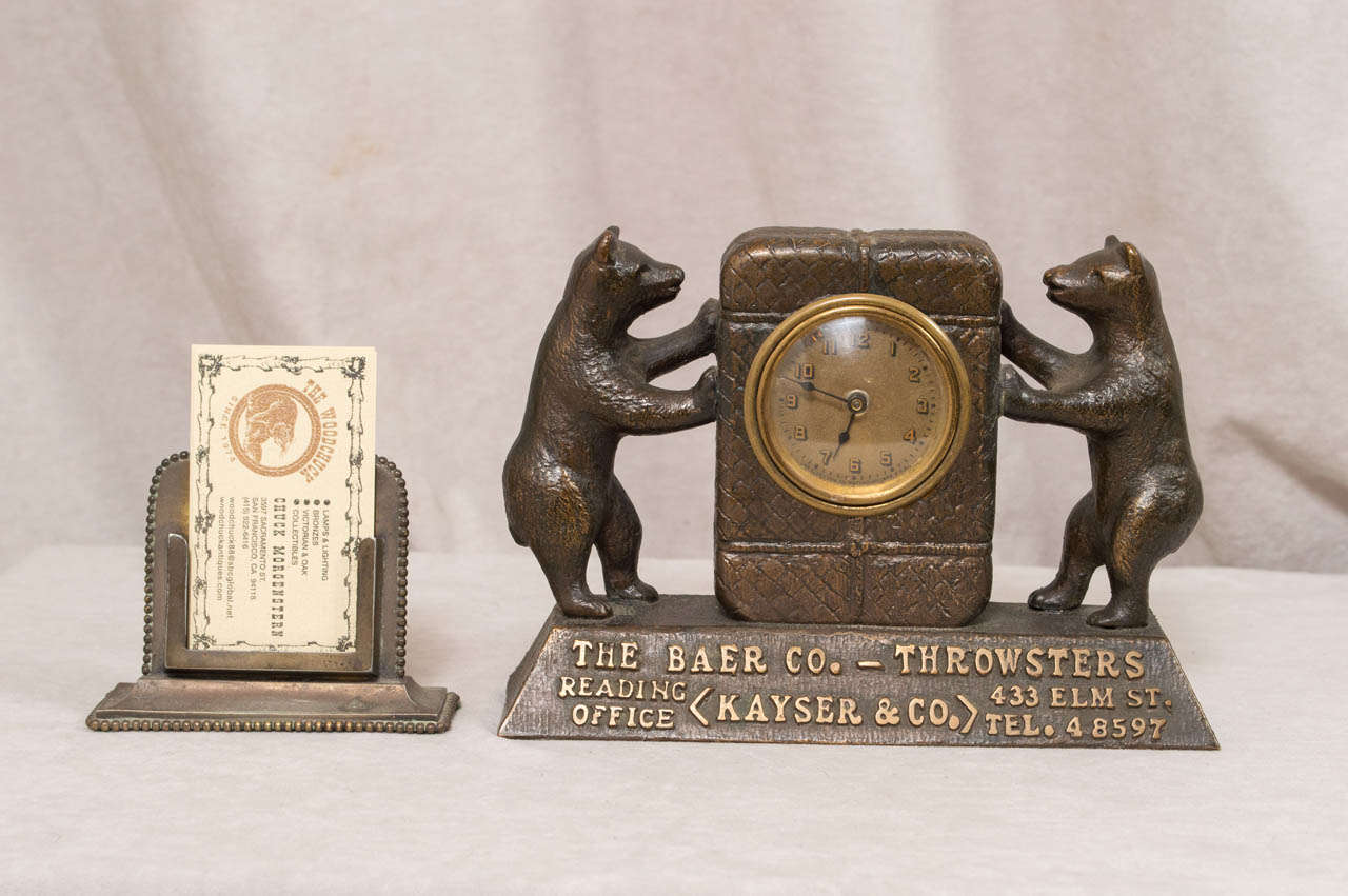 You can be the only one on the block to have this neat figural clock. Note the play on words, as it advertises for The Baer Company. This is a chunky and well made piece of collectible advertising. The clock is running, but is not a high grade