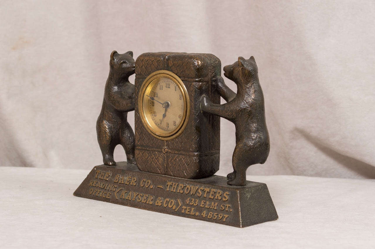 Folk Art Amusing Figural Advertising Bronze Clock with Bears, ca 1920's