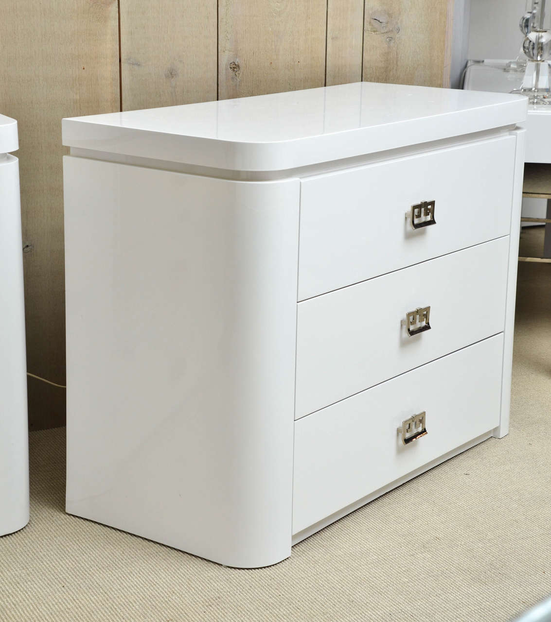 Mid-Century Modern Pair of Vintage White Lacquer Three-Drawer Commodes