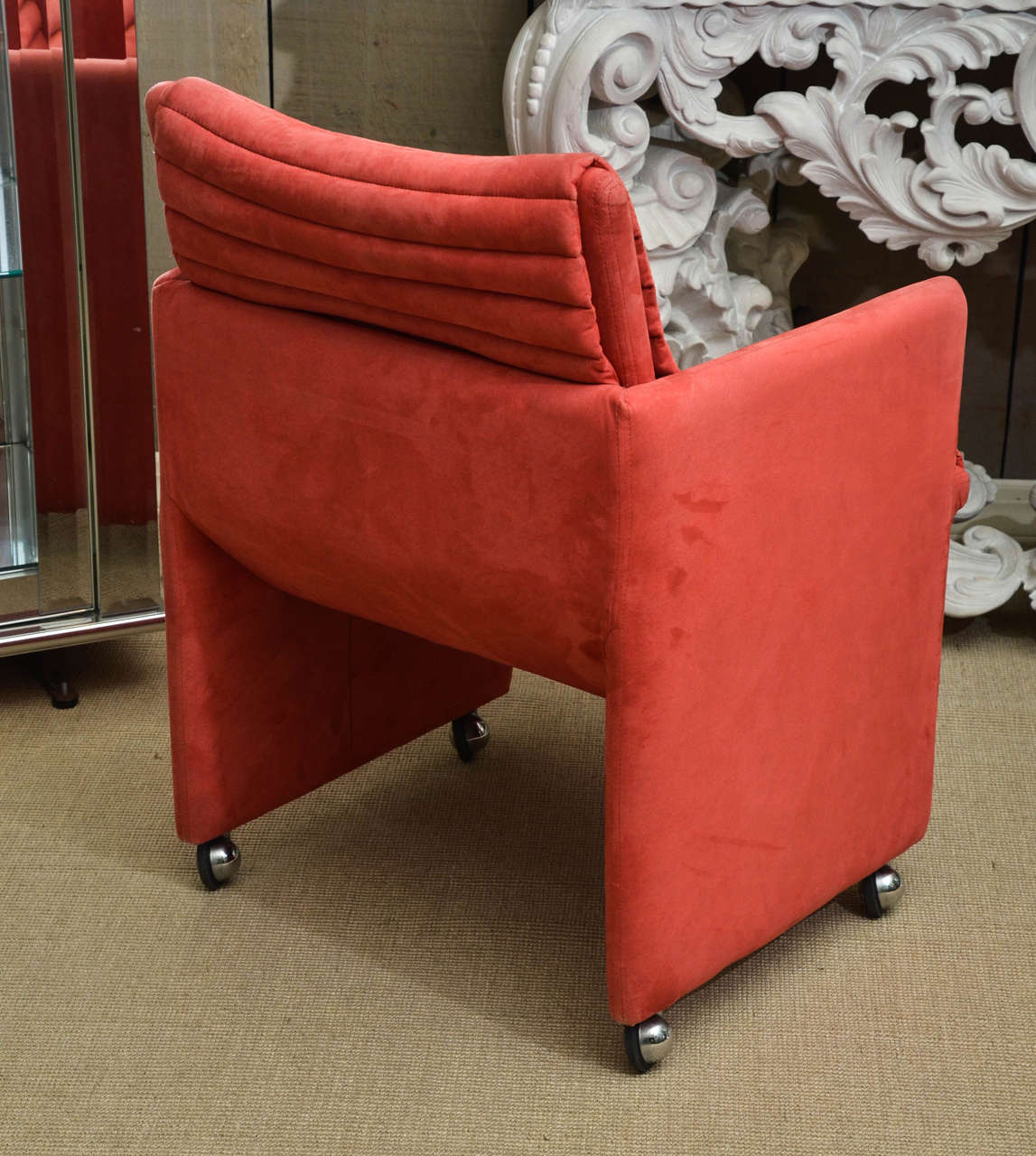 Mid-Century Modern  Pair of Coral Suede Channel Quilted Arm Chairs on Castors by Milo Baughman For Sale