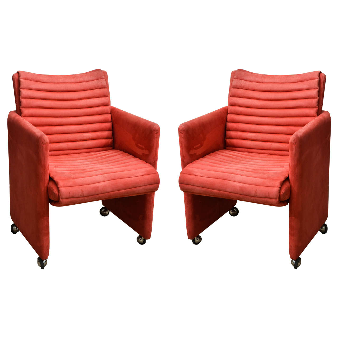  Pair of Coral Suede Channel Quilted Arm Chairs on Castors by Milo Baughman For Sale