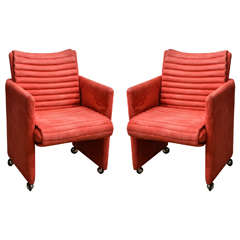  Pair of Coral Suede Channel Quilted Arm Chairs on Castors by Milo Baughman