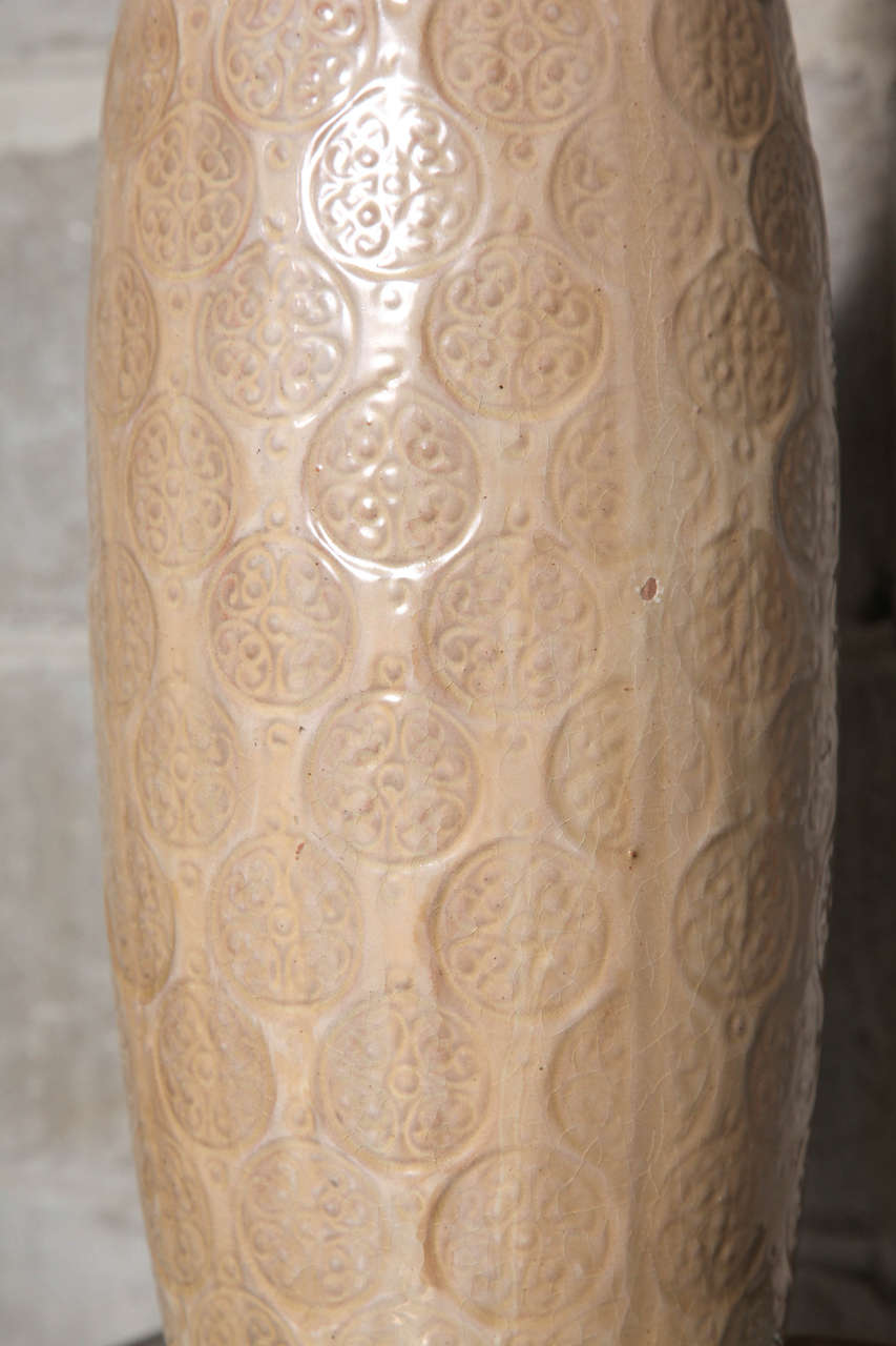 Mid-20th Century Pair of Embossed Ceramic Table Lamps
