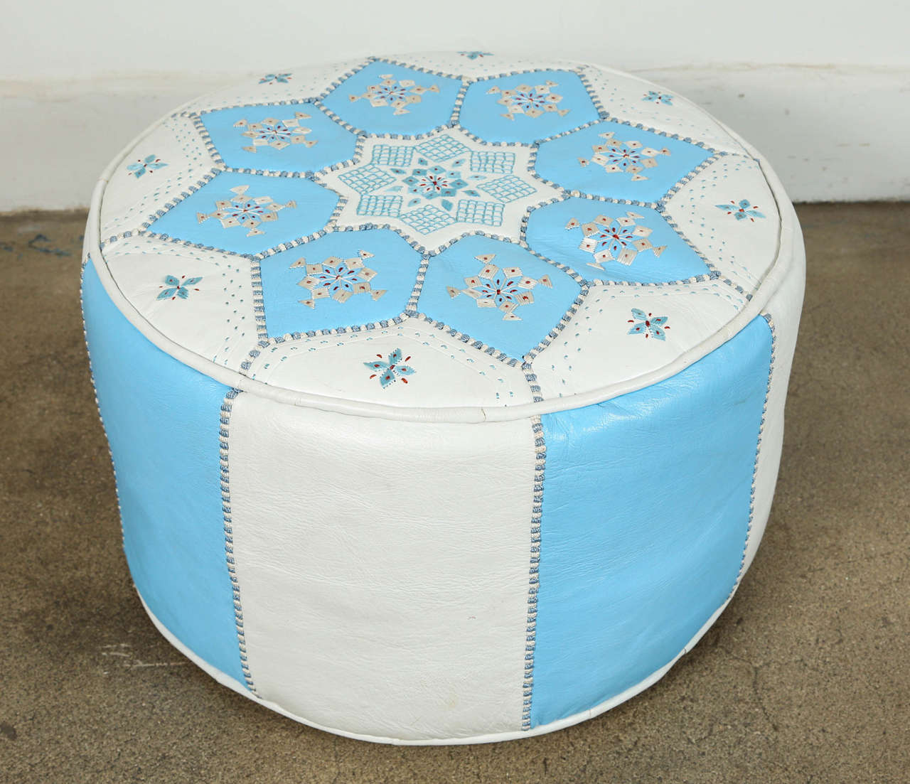 Bohemian Moroccan Hand-Tooled Leather Poufs in Tiffany Blue and White 