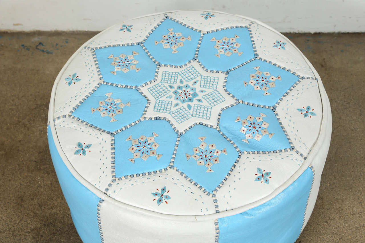 Hand-Crafted Moroccan Hand-Tooled Leather Poufs in Tiffany Blue and White 