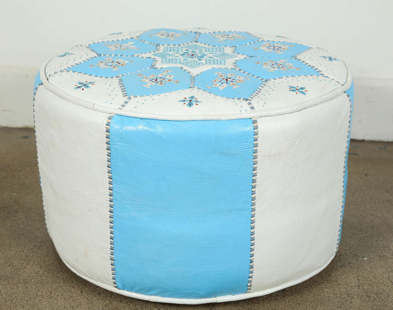 Moroccan Hand-Tooled Leather Poufs in Tiffany Blue and White In Good Condition In North Hollywood, CA