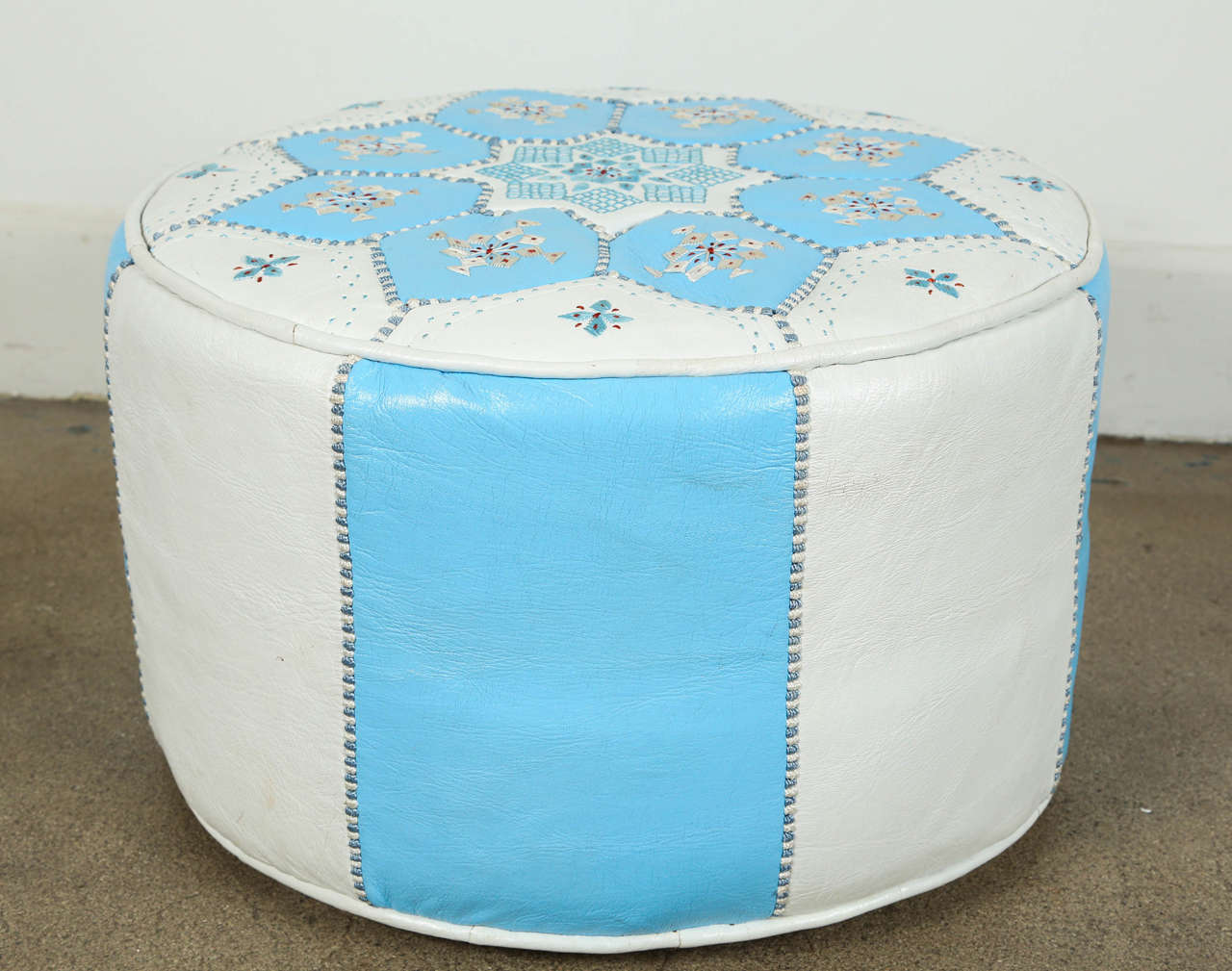 Moroccan Hand-Tooled Leather Poufs in Tiffany Blue and White  In Good Condition In North Hollywood, CA