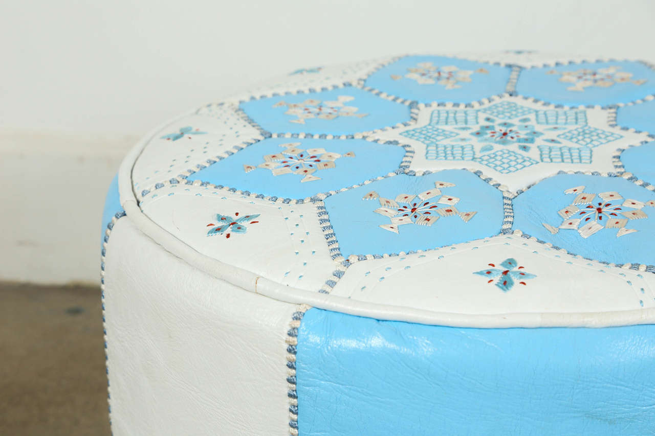 Contemporary Moroccan Hand-Tooled Leather Poufs in Tiffany Blue and White 