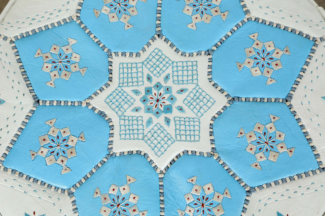 Moroccan Hand-Tooled Leather Poufs in Tiffany Blue and White  1