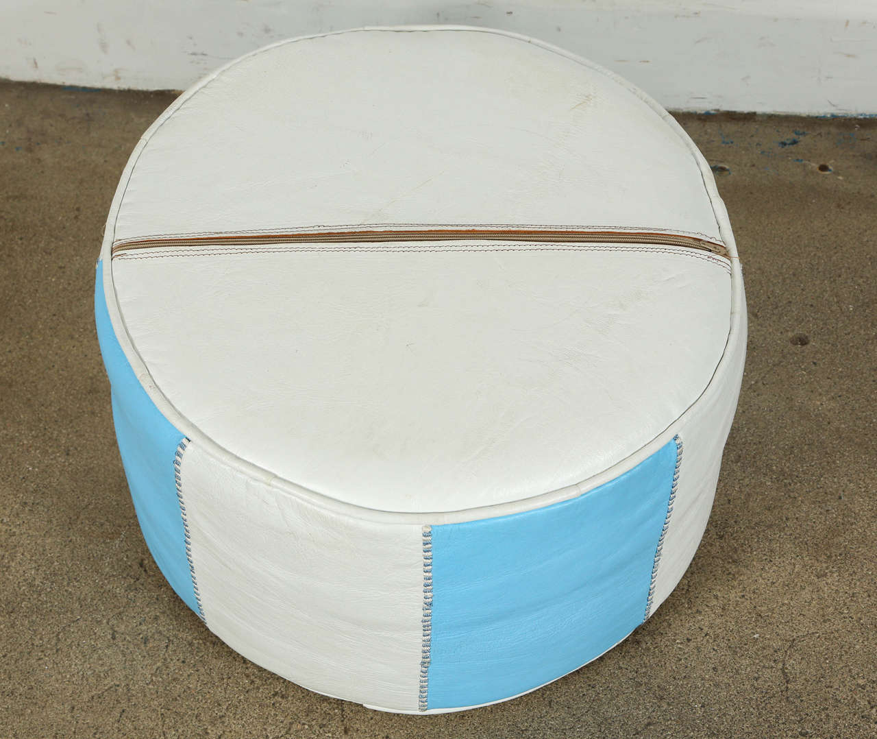 Moroccan Hand-Tooled Leather Poufs in Tiffany Blue and White  3