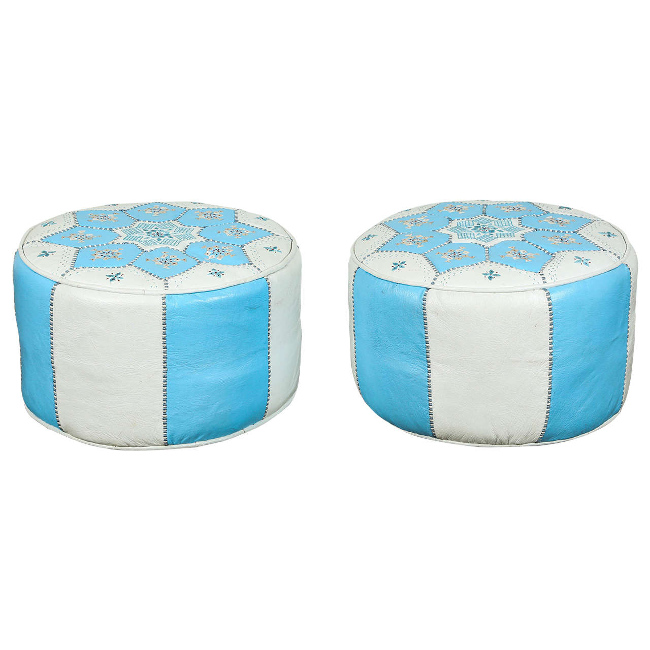 Moroccan Hand-Tooled Leather Poufs in Tiffany Blue and White 
