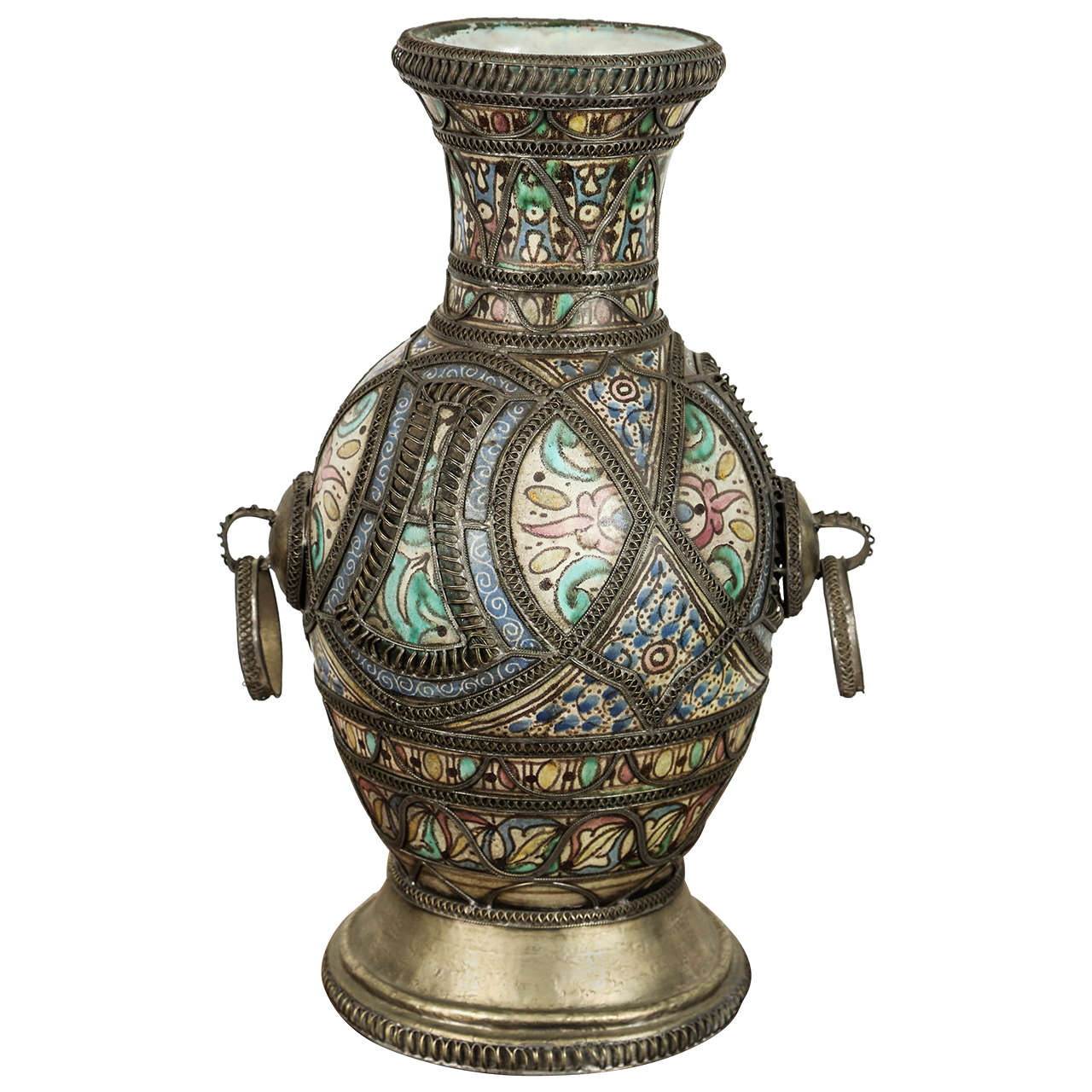 Antique Moroccan Ceramic Footed Vase from Fez with Silver Filigree