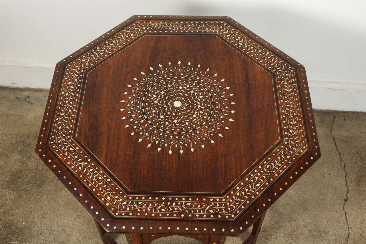 Hand-Carved Anglo-Indian Folding Inlaid Octagonal Side Table