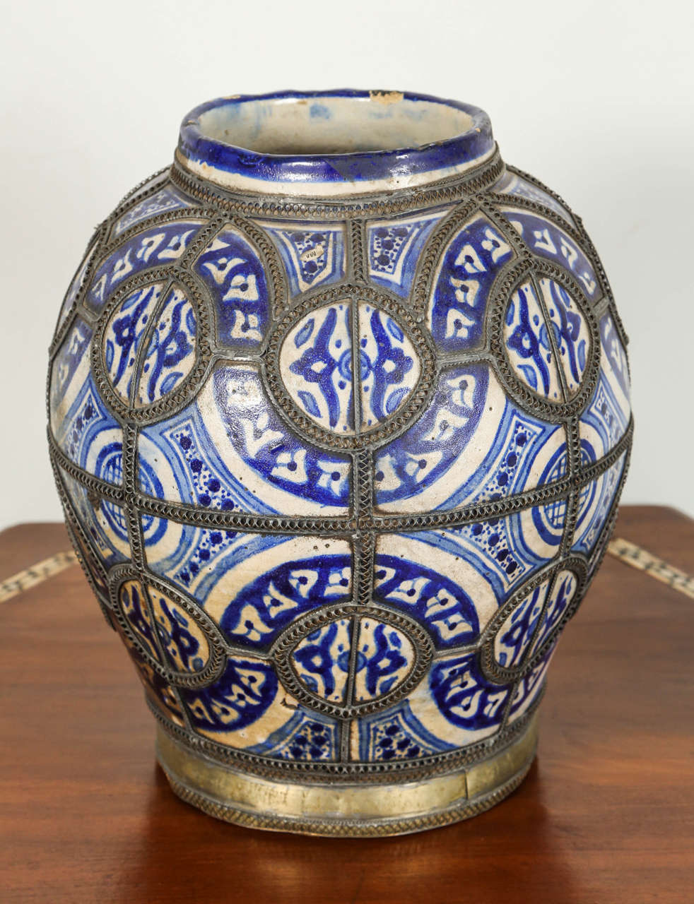 Appliqué Moorish Moroccan Blue and White Ceramic Vase from Fez