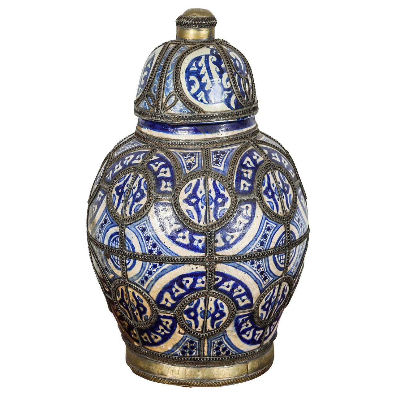 Moorish Moroccan Blue and White Ceramic Vase from Fez