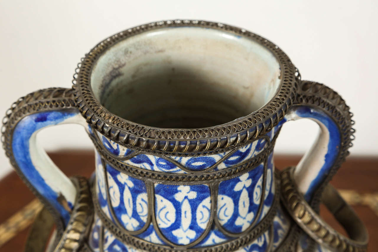 Moorish  Moroccan Blue & White Ceramic Footed Vase from Fez with Silver Filigree For Sale
