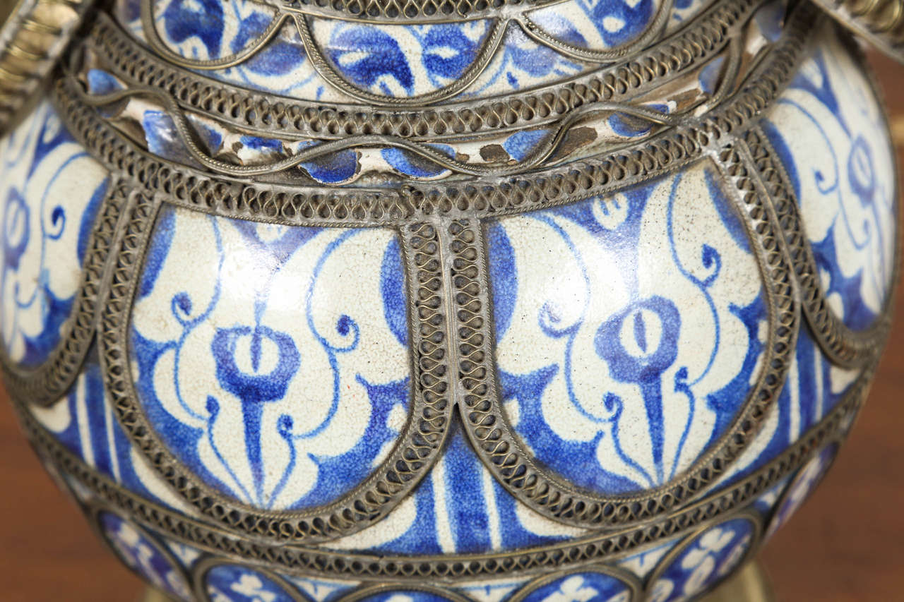  Moroccan Blue & White Ceramic Footed Vase from Fez with Silver Filigree In Good Condition For Sale In North Hollywood, CA