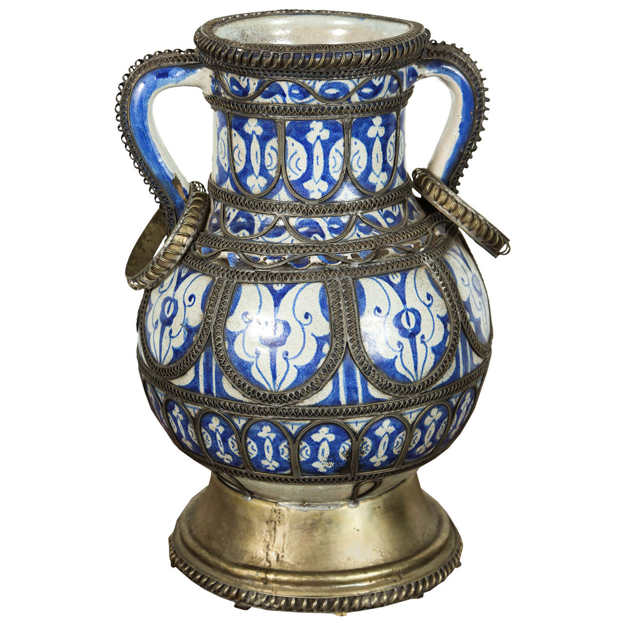  Moroccan Blue & White Ceramic Footed Vase from Fez with Silver Filigree For Sale