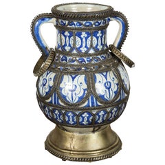  Moroccan Blue & White Ceramic Footed Vase from Fez with Silver Filigree