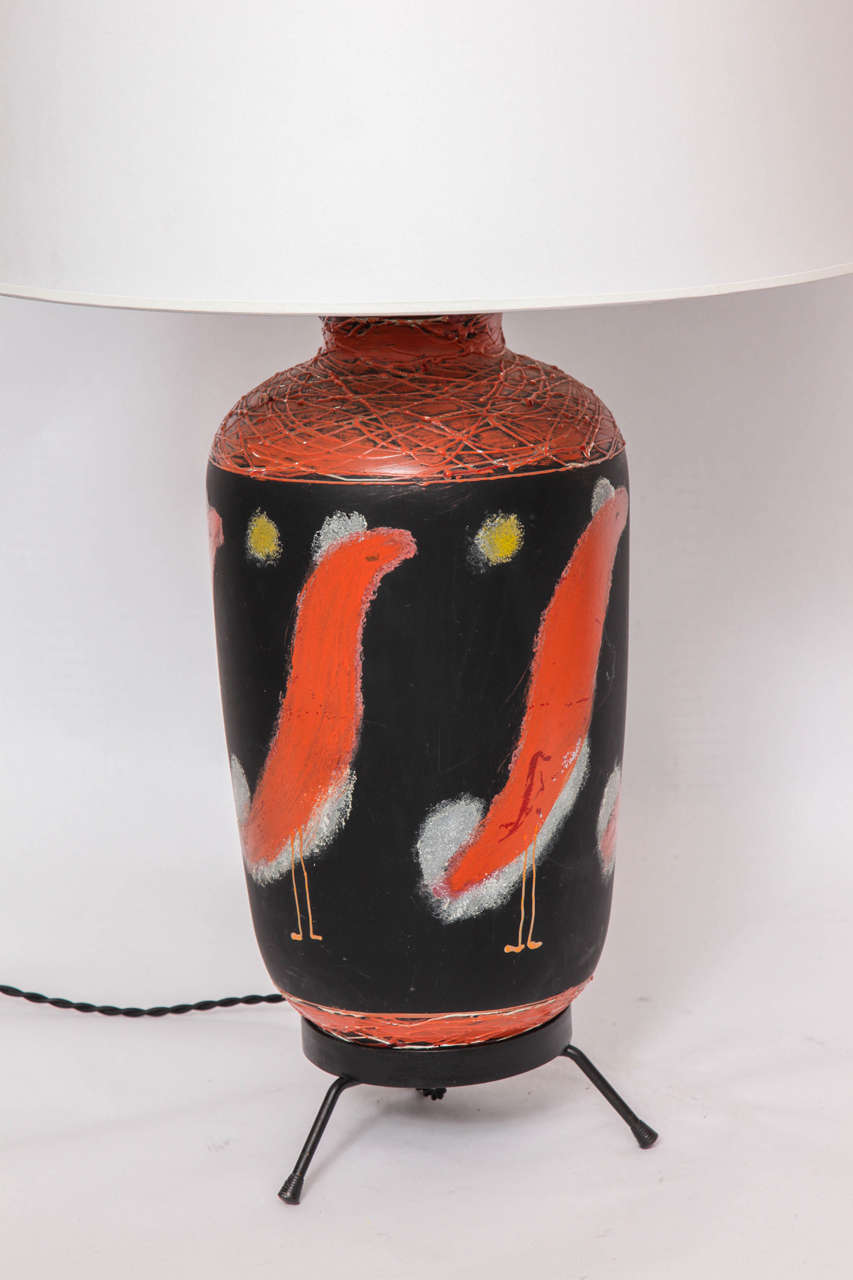 Metal  Table Lamp Mid Century Modern Art Glass hand decorated Italy 1950's