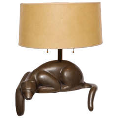 1940s Modernist Sculptural Cat Patinated Brass Table Lamp