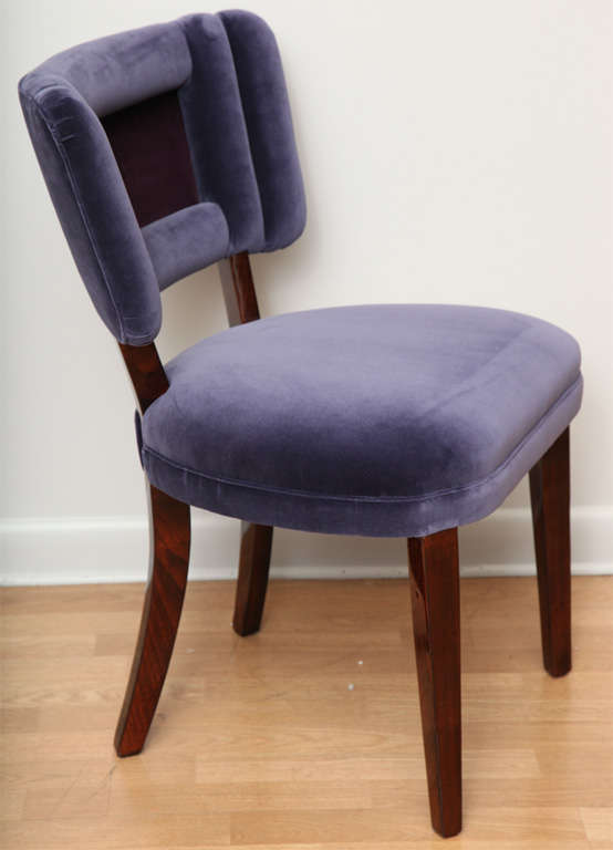 Chic Deco bridge/sidechair upholstered in vintage aubergine velvet fabric. Pair available, sold individually.